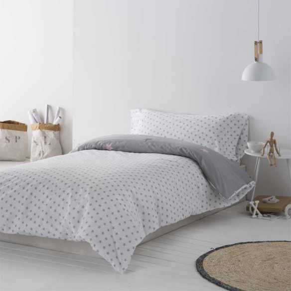 reverso funda nordica infantil gris y rosa