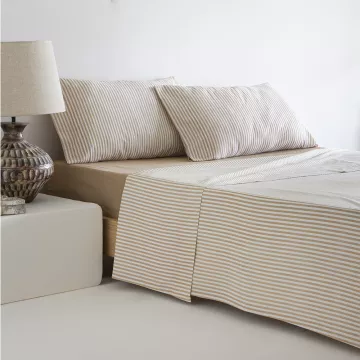 juego de sábanas algodón a rayas beige mostaza