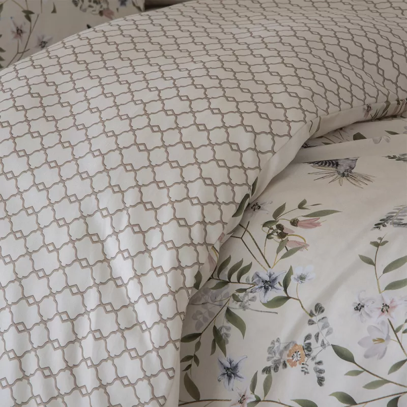 funda nórdica beige satén algodón egipcio 200 hilos reversible flores