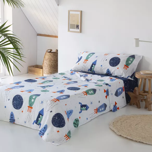 juego de sábanas infantil juvenil con cohetes algodón poliéster azul