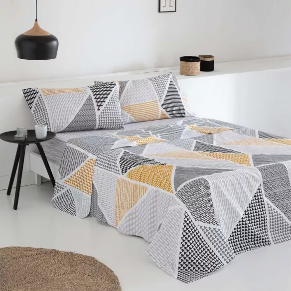 juego de sábanas gris y mostaza algodón poliéster